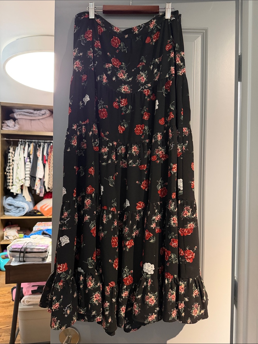 See By Chloé Black Tiered Maxi Skirt with Red and White Roses